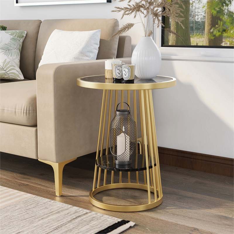 Bowery Hill Amador Metal Side Table with Gold Frame and Black Top