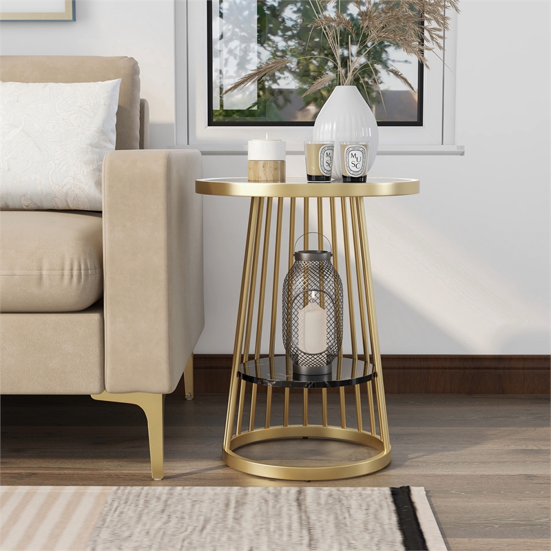 Bowery Hill Amador Metal Side Table with Gold Frame and Black Top