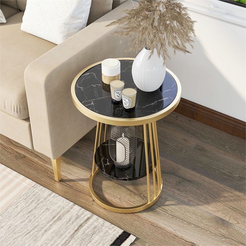Bowery Hill Amador Metal Side Table with Gold Frame and Black Top