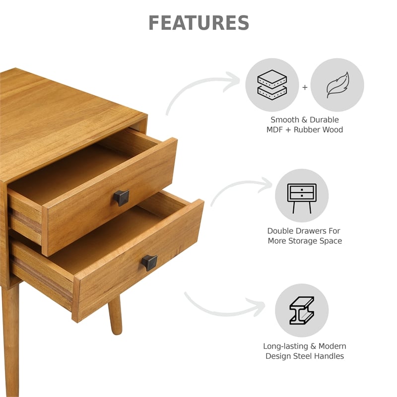 Bowery Hill Mid-Century Modern Wood 2-Drawer Side Table in Light Oak