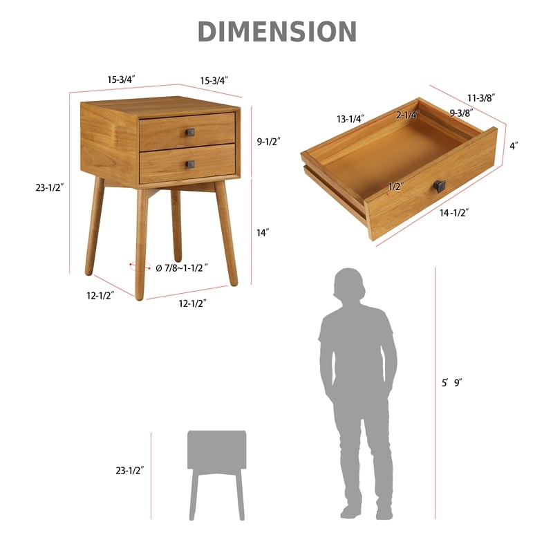 Bowery Hill Mid-Century Modern Wood 2-Drawer Side Table in Light Oak