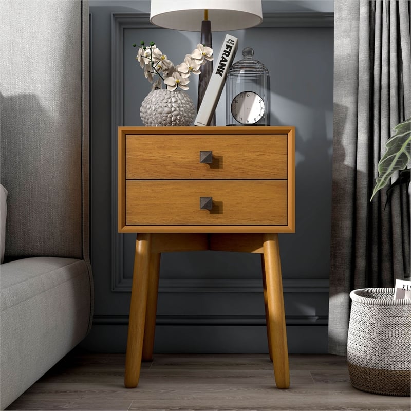 Bowery Hill Mid-Century Modern Wood 2-Drawer Side Table in Light Oak