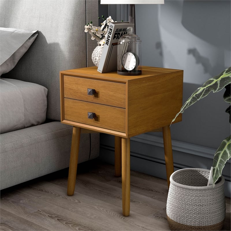 Bowery Hill Mid-Century Modern Wood 2-Drawer Side Table in Light Oak