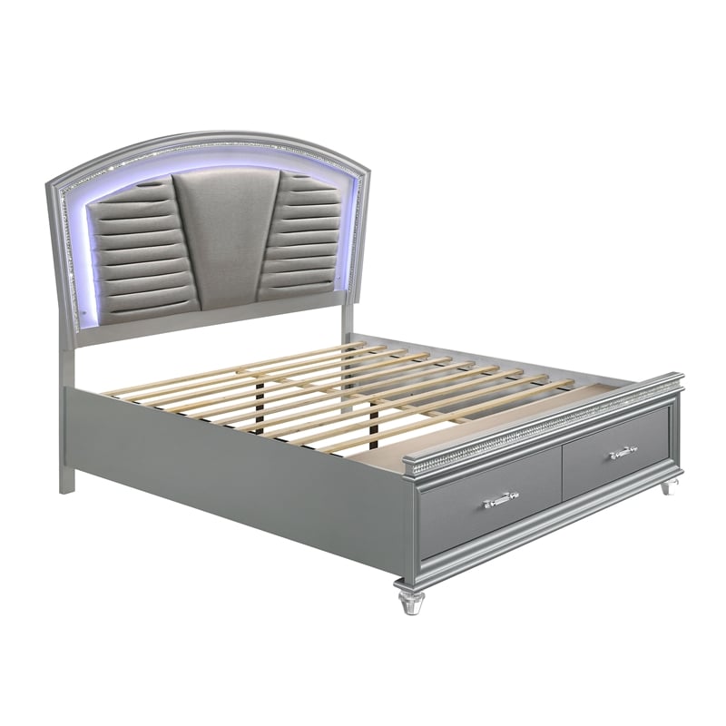 Bowery Hill Contemporary Wood California King Bed with LED in Silver