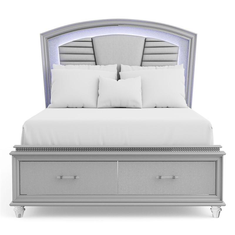 Bowery Hill Contemporary Wood California King Bed with LED in Silver