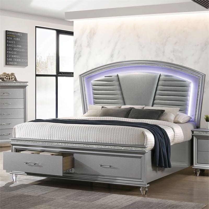 Bowery Hill Contemporary Wood California King Bed with LED in Silver