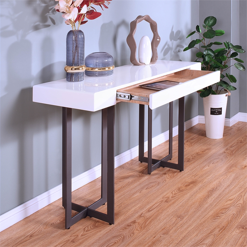 Bowery Hill Contemporary Metal 1-Drawer Sofa Table in White