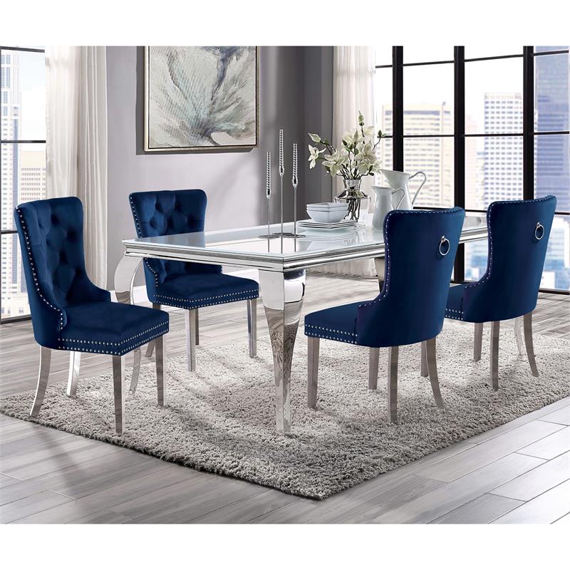 Bowery Hill Metal 5-Piece Dining Table Set in White and Blue Upholstery