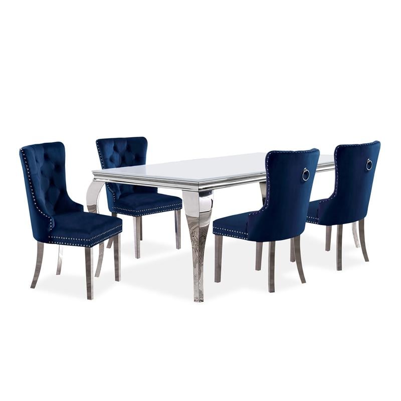 Bowery Hill Metal 5-Piece Dining Table Set in White and Blue Upholstery