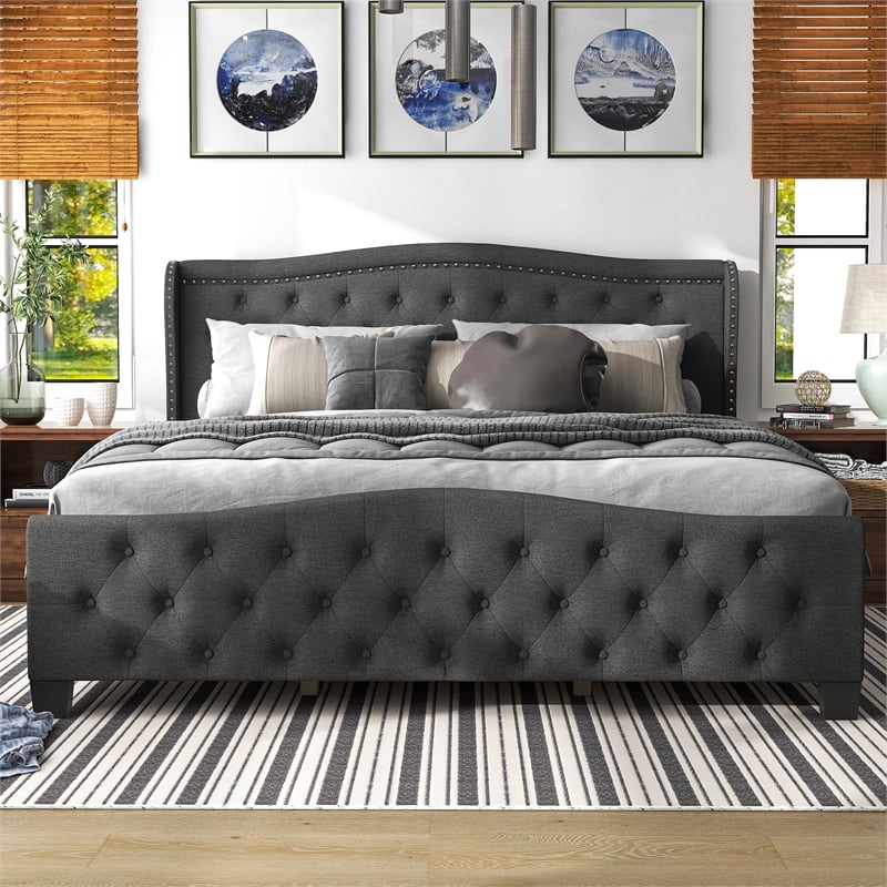 Bowery Hill Button Tufted King Upholstered Fabric Bed in Dark Gray