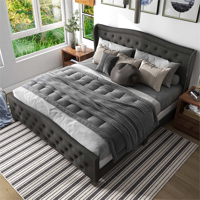 Bowery Hill Button Tufted King Upholstered Fabric Bed in Dark Gray
