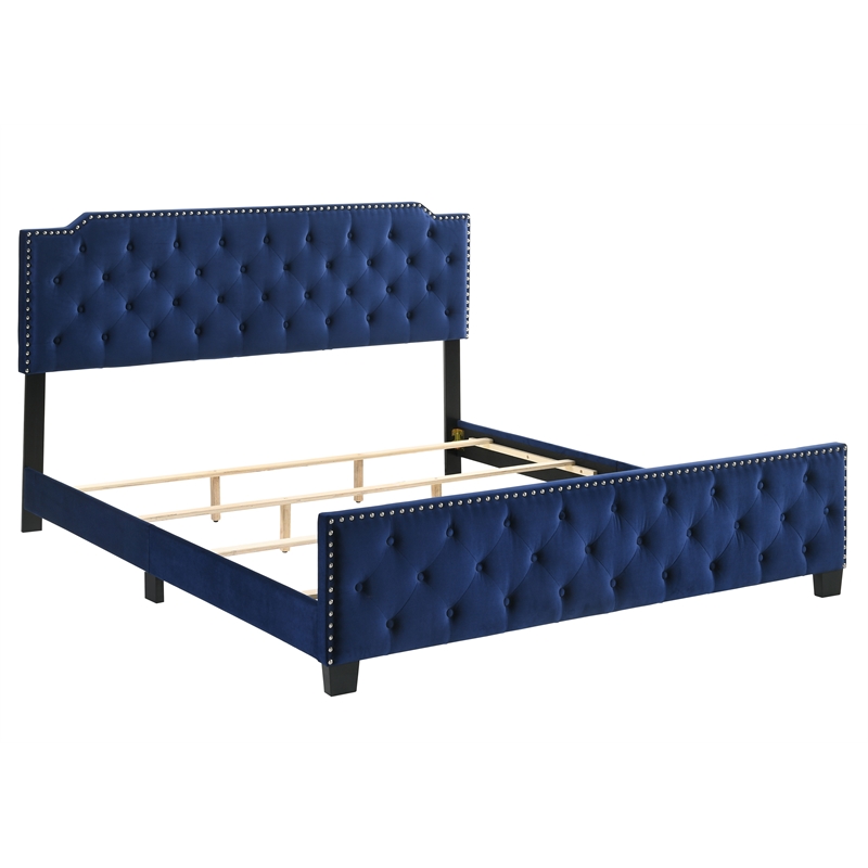 Bowery Hill Navy Tufted Full Wooden Upholstered Bed with Nailhead Trim