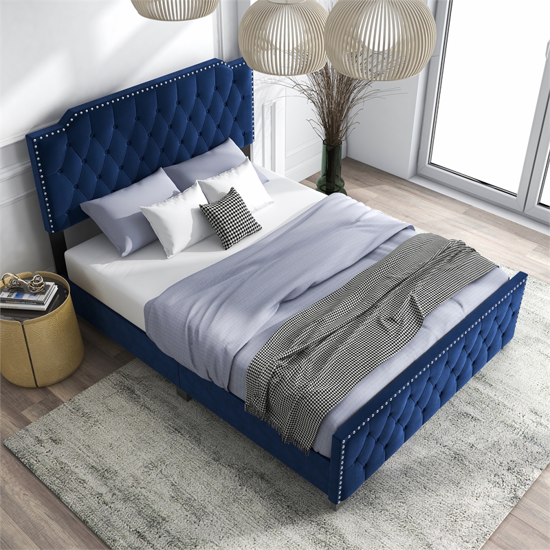 Bowery Hill Navy Tufted Full Wooden Upholstered Bed with Nailhead Trim
