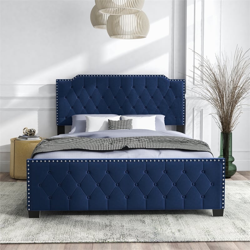 Bowery Hill Navy Tufted Full Wooden Upholstered Bed with Nailhead Trim