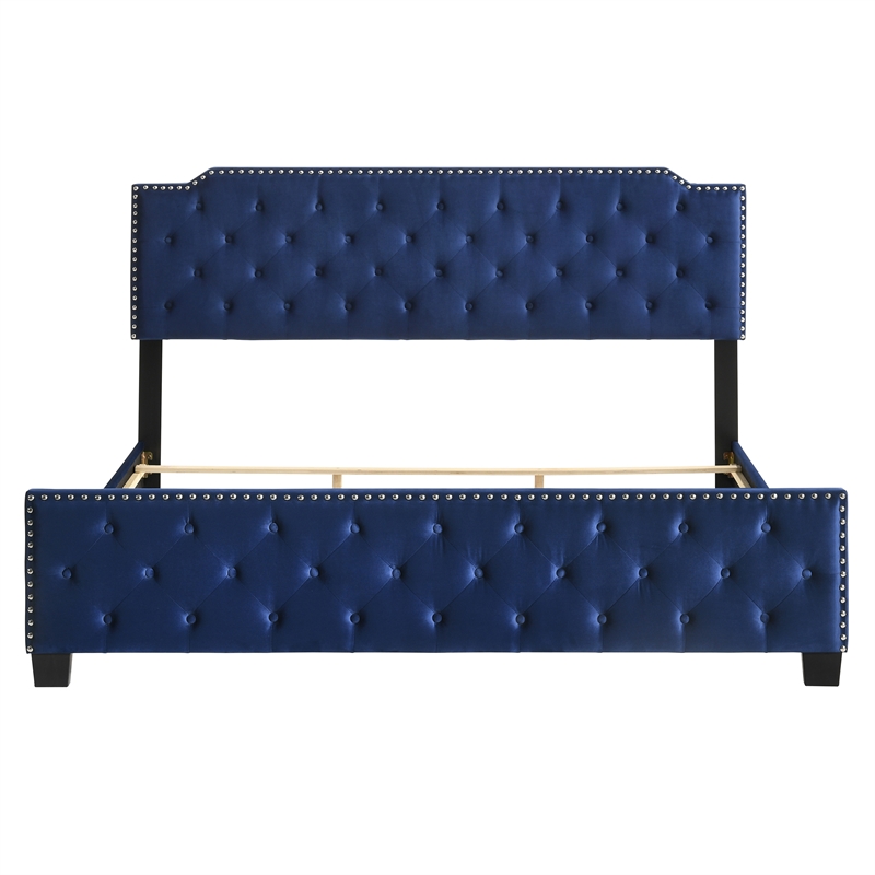 Bowery Hill Navy Tufted Full Wooden Upholstered Bed with Nailhead Trim