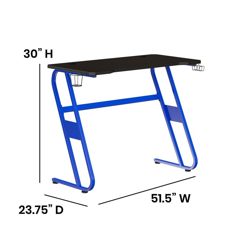 Bowery Hill Gaming Desk in Engineered Wood and Steel with Ergonomic Blue Frame