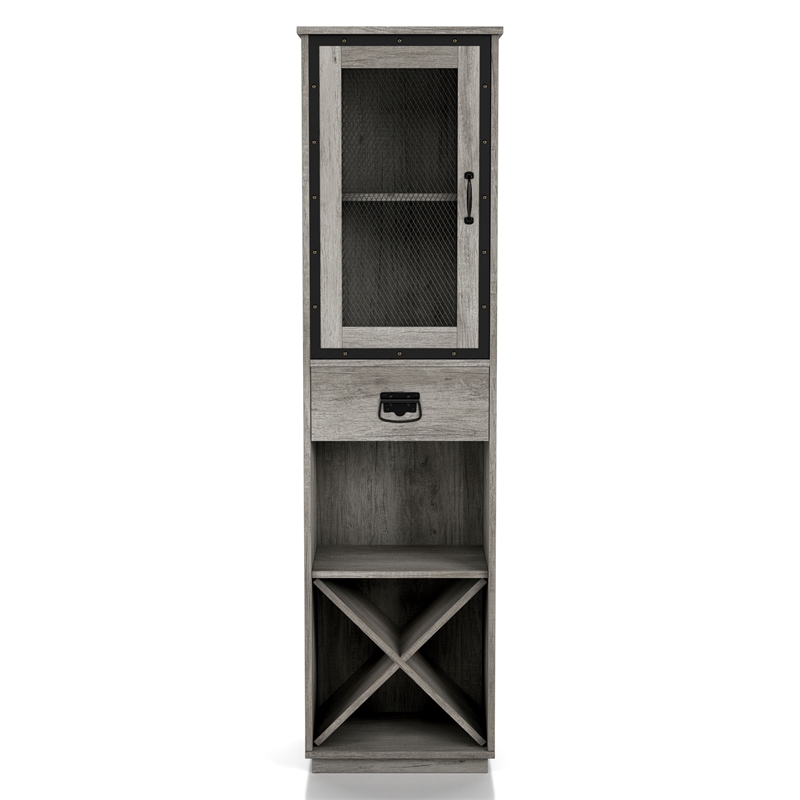 Bowery Hill Farmhouse Wood Tower Cabinet with Wine Rack in Vintage Gray Oak