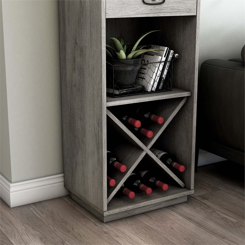 Bowery Hill Farmhouse Wood Tower Cabinet with Wine Rack in Vintage Gray Oak