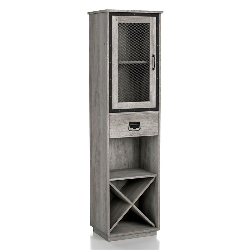 Bowery Hill Farmhouse Wood Tower Cabinet with Wine Rack in Vintage Gray Oak