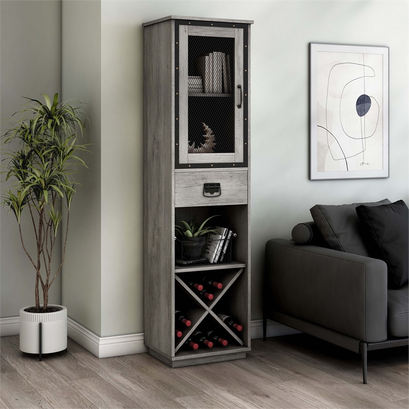 Bowery Hill Farmhouse Wood Tower Cabinet with Wine Rack in Vintage Gray Oak