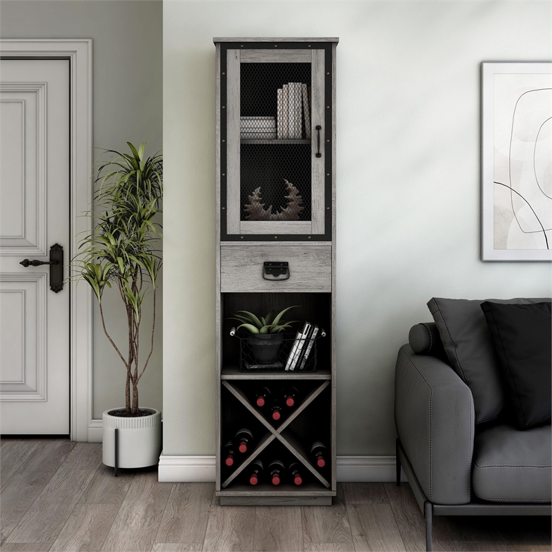 Bowery Hill Farmhouse Wood Tower Cabinet with Wine Rack in Vintage Gray Oak