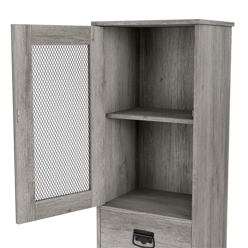 Bowery Hill Farmhouse Wood Tower Cabinet with Wine Rack in Vintage Gray Oak