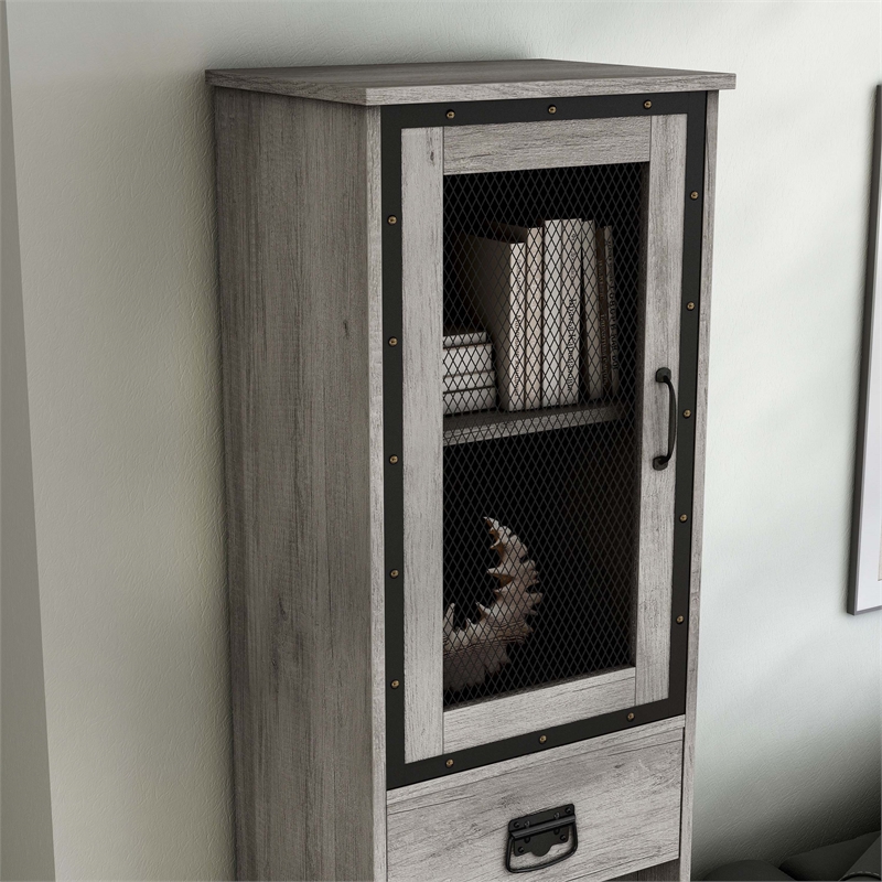 Bowery Hill Farmhouse Wood Tower Cabinet with Wine Rack in Vintage Gray Oak