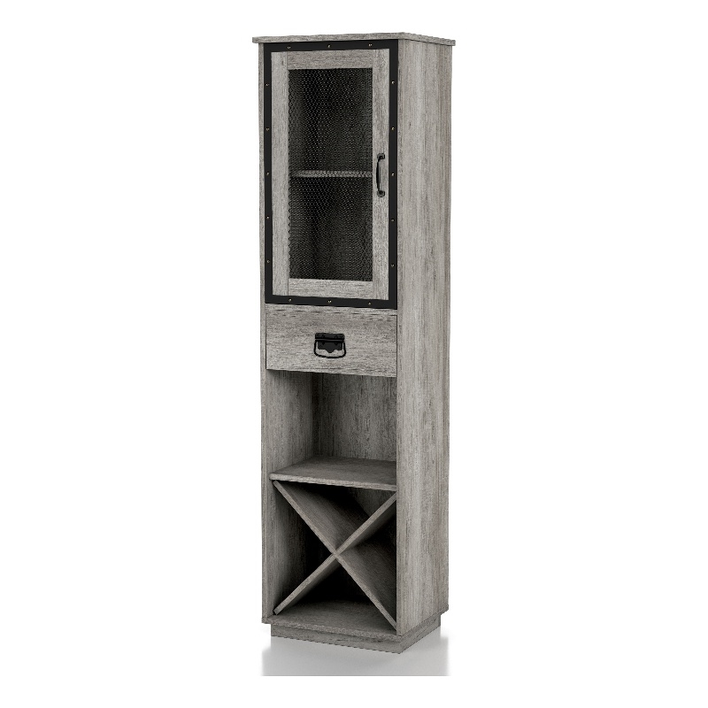 Bowery Hill Farmhouse Wood Tower Cabinet with Wine Rack in Vintage Gray Oak