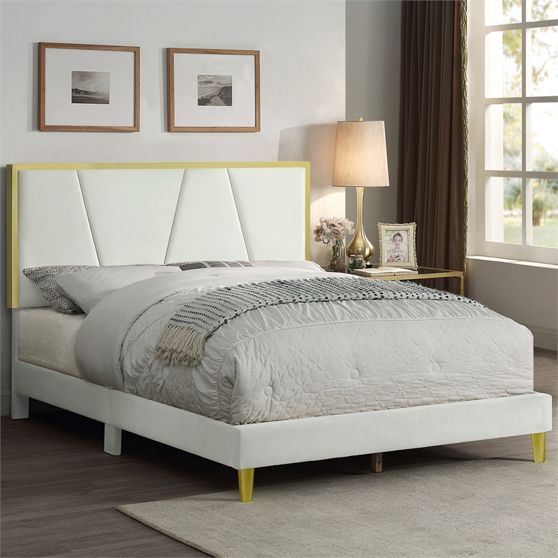 Bowery Hill Beige Upholstered Eastern King Bed with Gold Frame