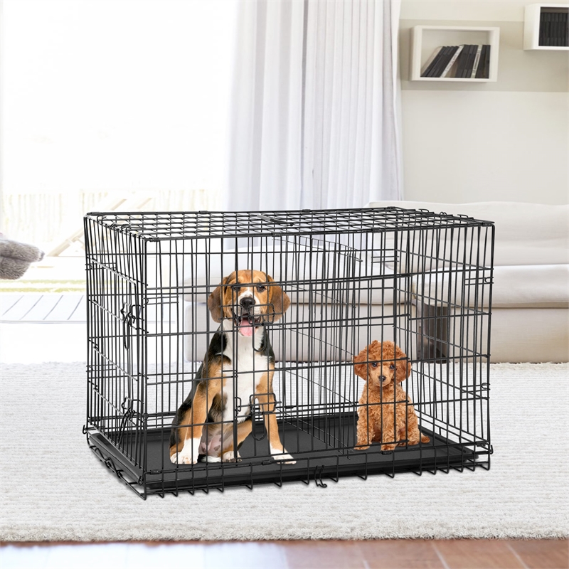 Bowery Hill 48 Inch Metal Dog Crate Carrier with Double Doors in Black