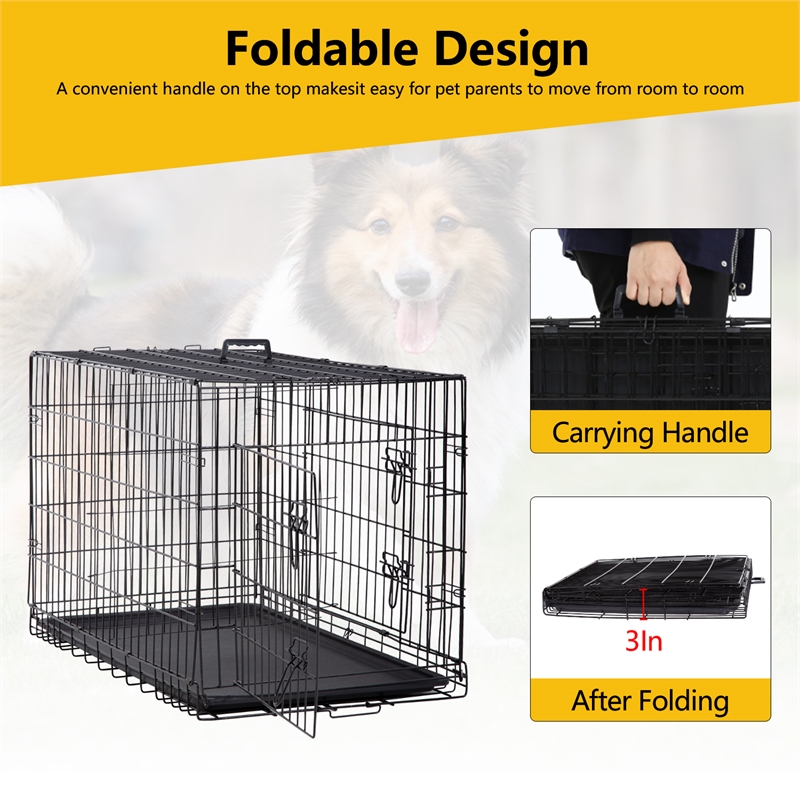 Bowery Hill 48 Inch Metal Dog Crate Carrier with Double Doors in Black