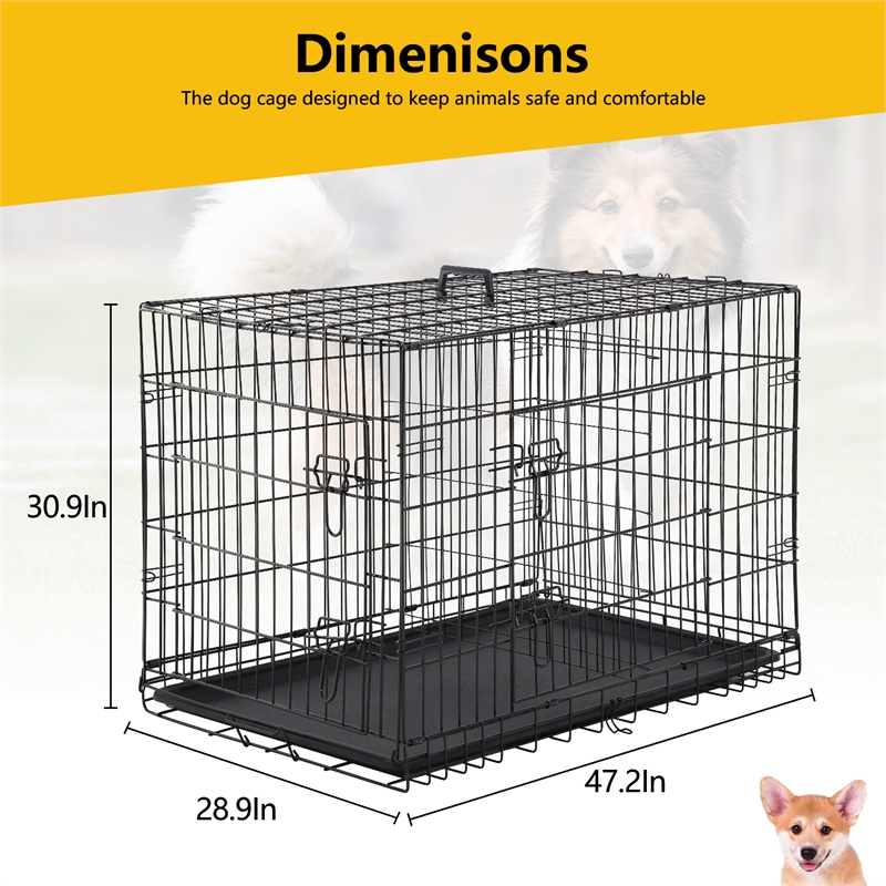 Bowery Hill 48 Inch Metal Dog Crate Carrier with Double Doors in Black