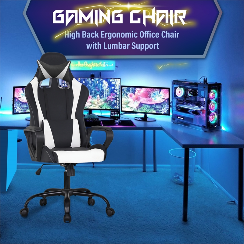 Bowery Hill Faux Leather Gaming Desk Chair in Black and White