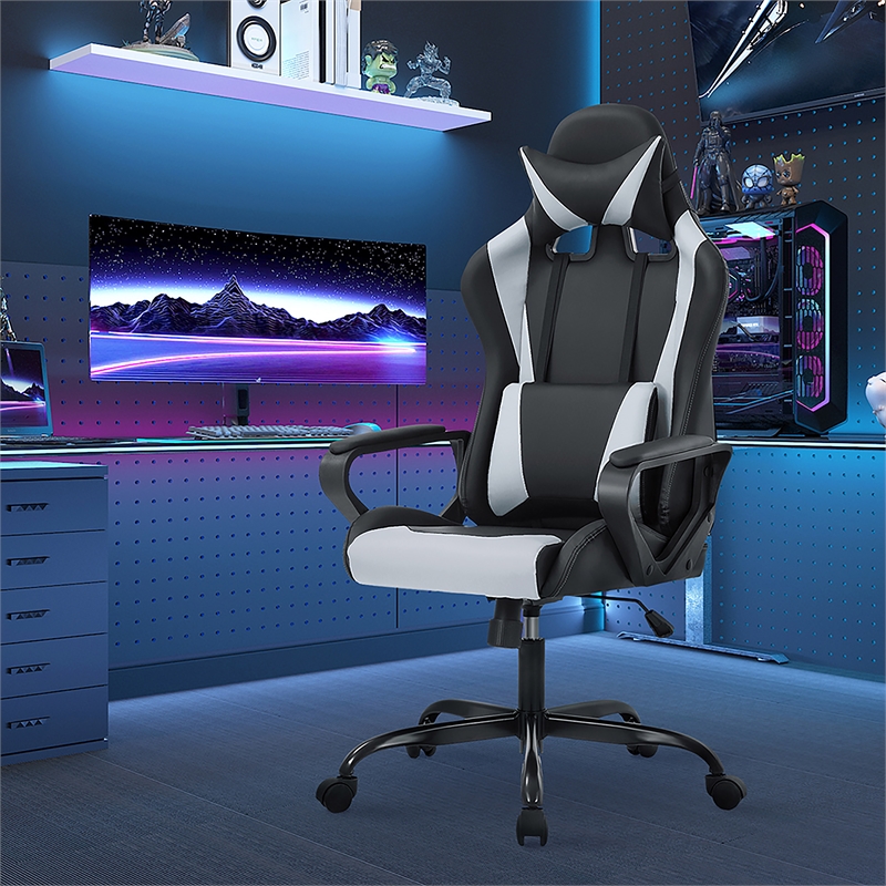 Bowery Hill Faux Leather Gaming Desk Chair in Black and White