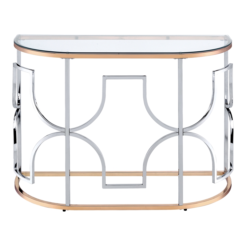 Bowery Hill Semi-Round Sofa Table with Glass Top in Chrome and Gold