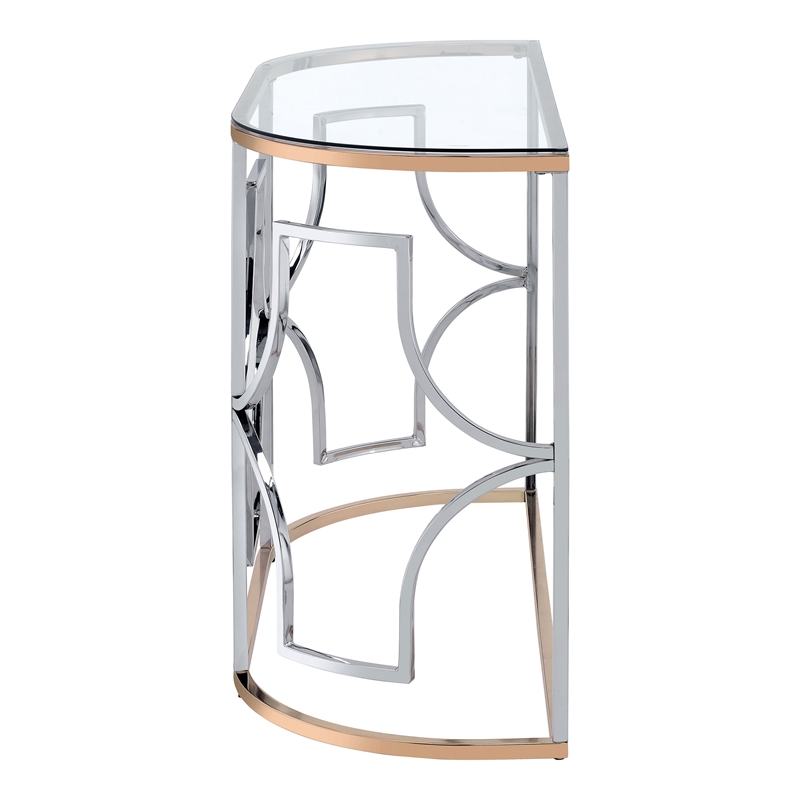 Bowery Hill Semi-Round Sofa Table with Glass Top in Chrome and Gold