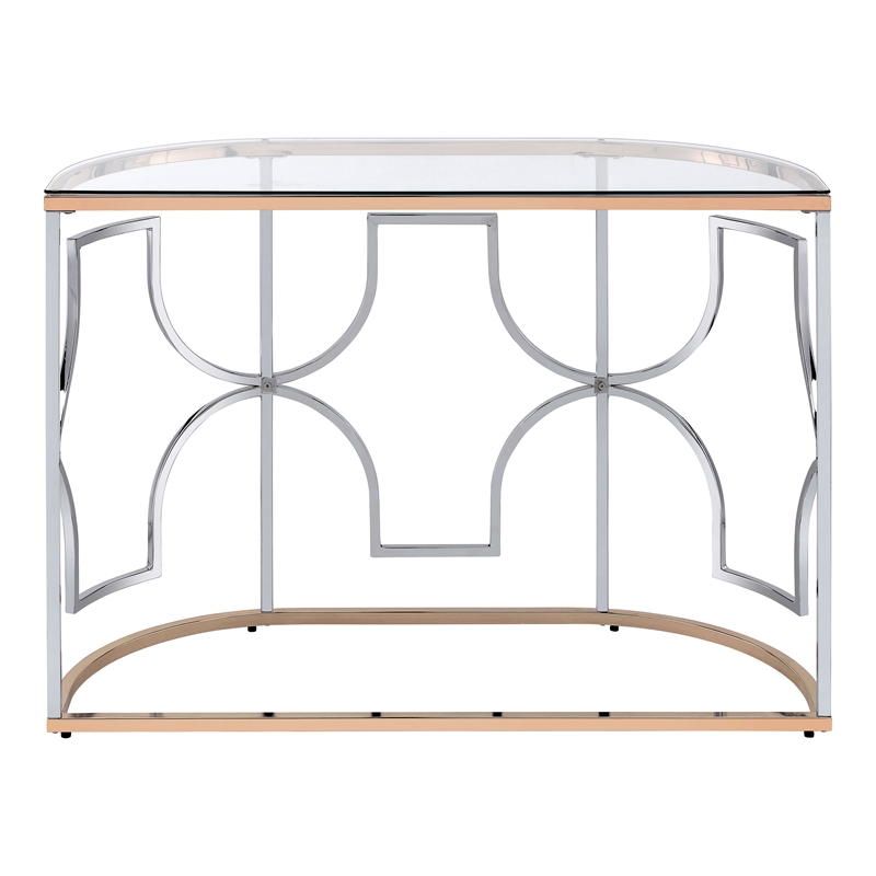 Bowery Hill Semi-Round Sofa Table with Glass Top in Chrome and Gold