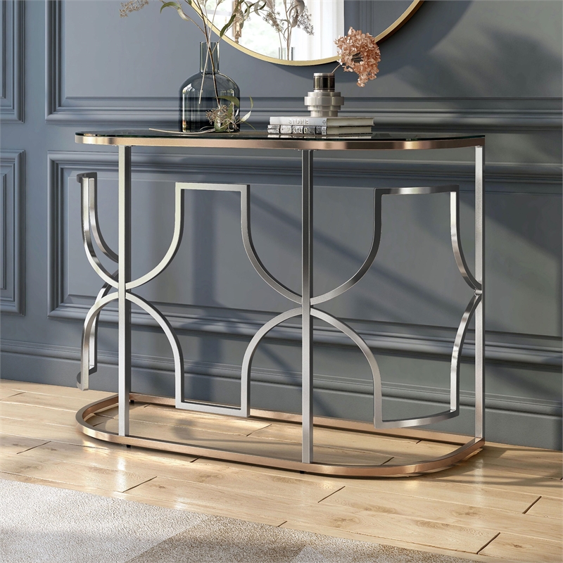 Bowery Hill Semi-Round Sofa Table with Glass Top in Chrome and Gold