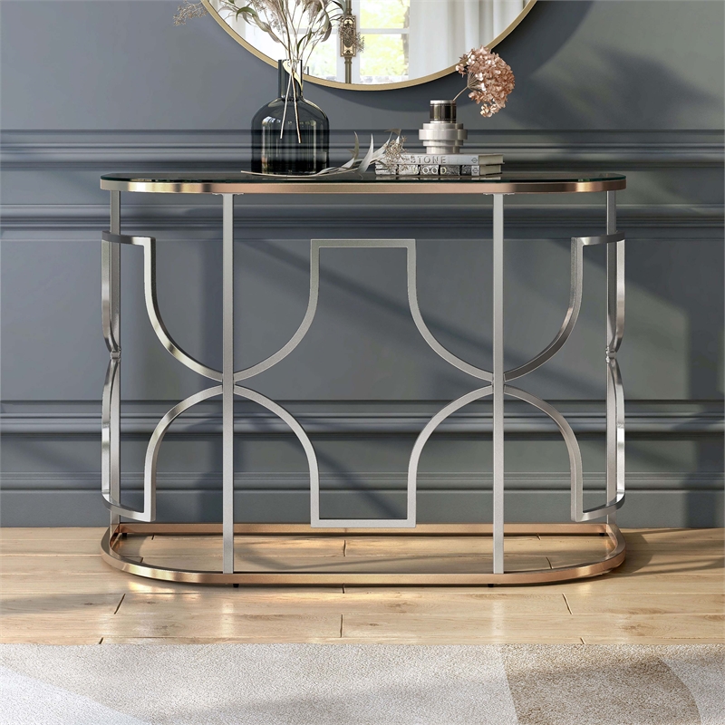 Bowery Hill Semi-Round Sofa Table with Glass Top in Chrome and Gold