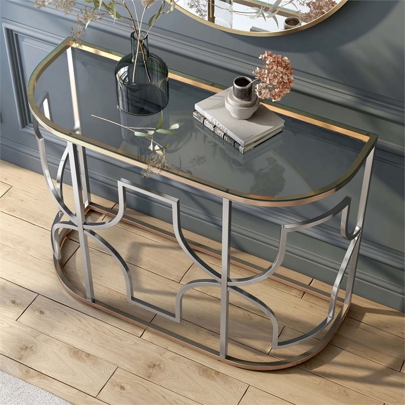 Bowery Hill Semi-Round Sofa Table with Glass Top in Chrome and Gold