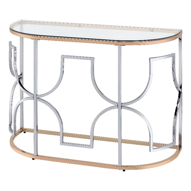 Bowery Hill Semi-Round Sofa Table with Glass Top in Chrome and Gold