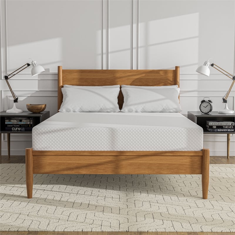 Bowery Hill Queen Platform Bed with Oak Finish and Mattress