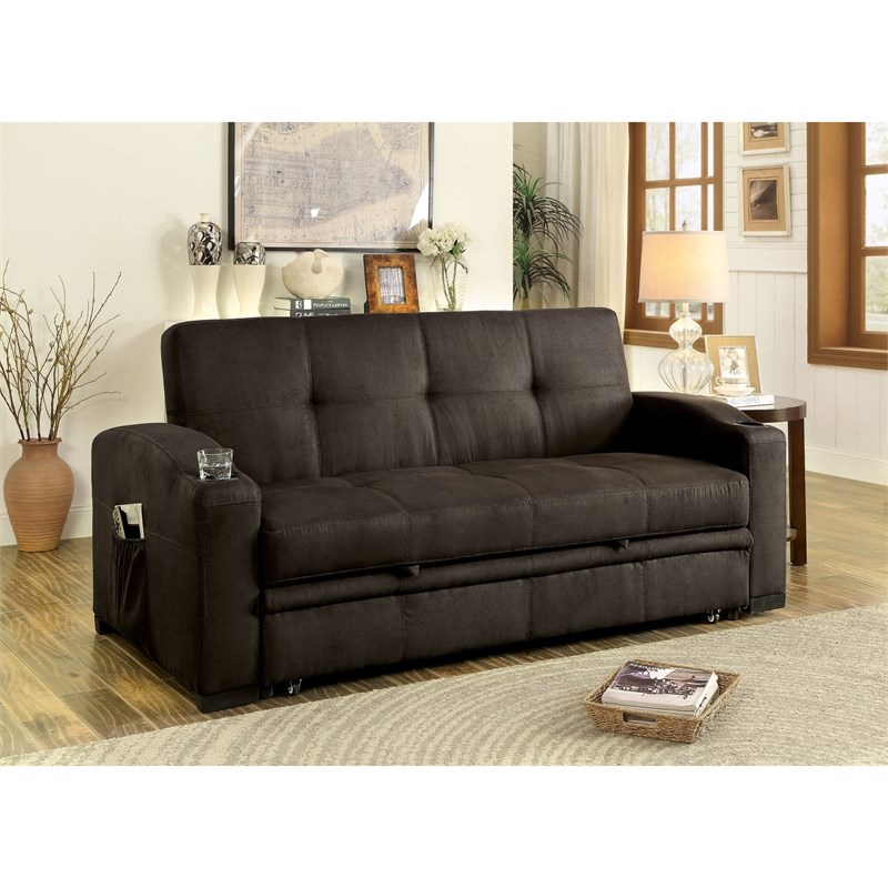 Bowery Hill Transitional Fabric Convertible Sofa with Cup Holders in Brown