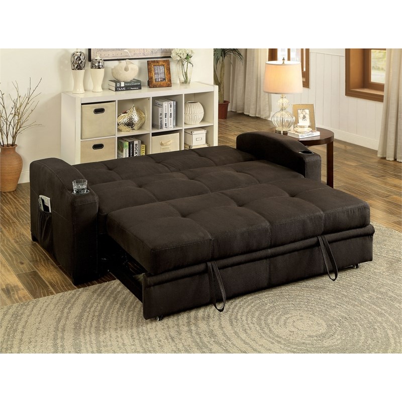 Bowery Hill Transitional Fabric Convertible Sofa with Cup Holders in Brown