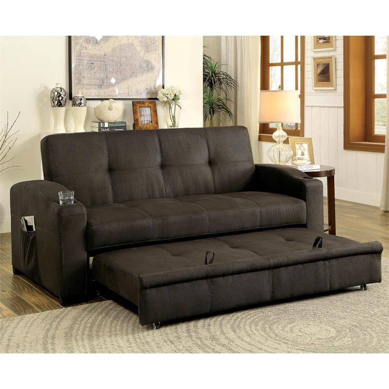 Bowery Hill Transitional Fabric Convertible Sofa with Cup Holders in Brown