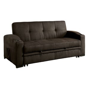 Bowery Hill Transitional Fabric Convertible Sofa with Cup Holders in Brown