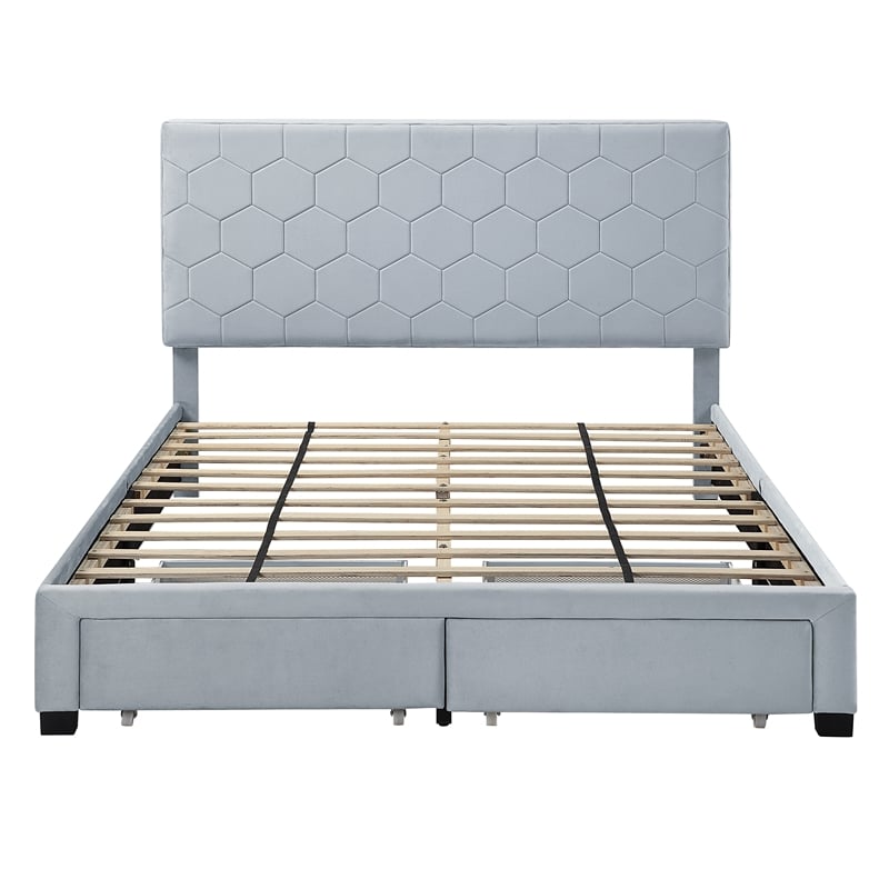 Bowery Hill Fabric Queen Bed with 2 Storage Drawers in Light Gray