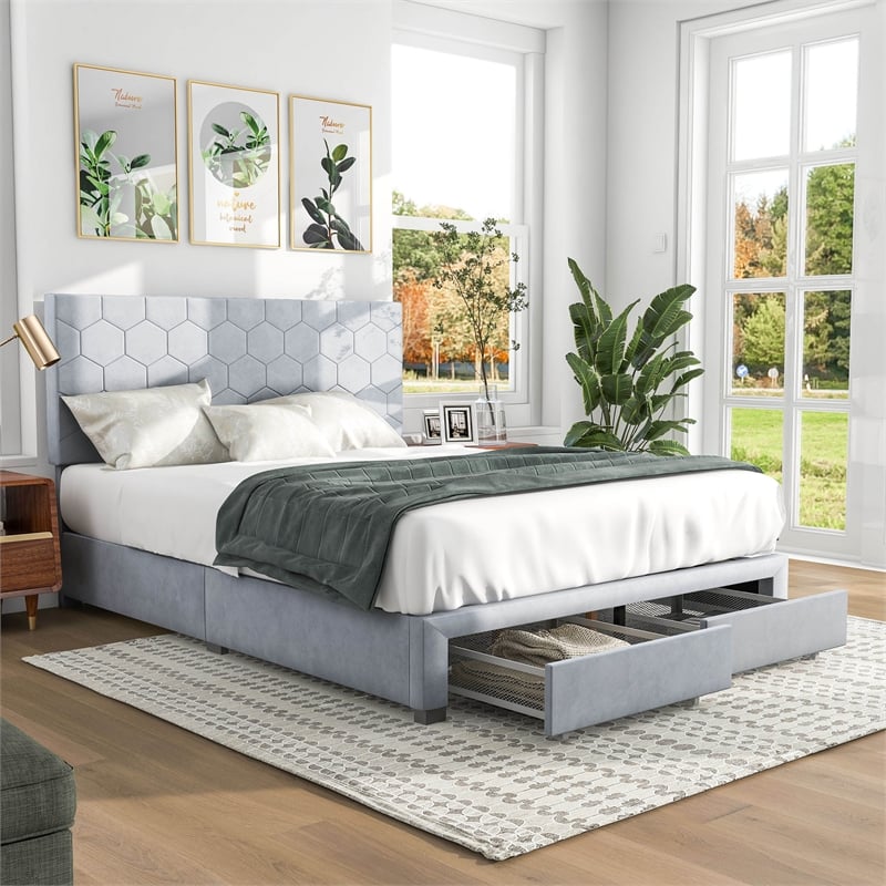 Bowery Hill Fabric Queen Bed with 2 Storage Drawers in Light Gray