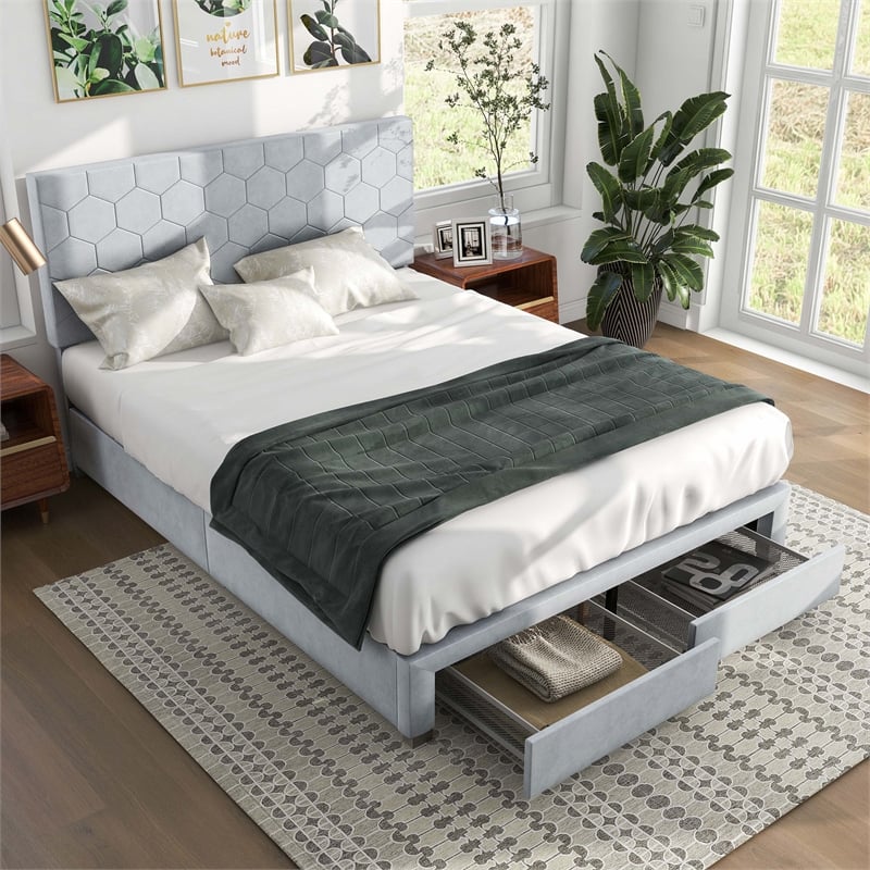 Bowery Hill Fabric Queen Bed with 2 Storage Drawers in Light Gray