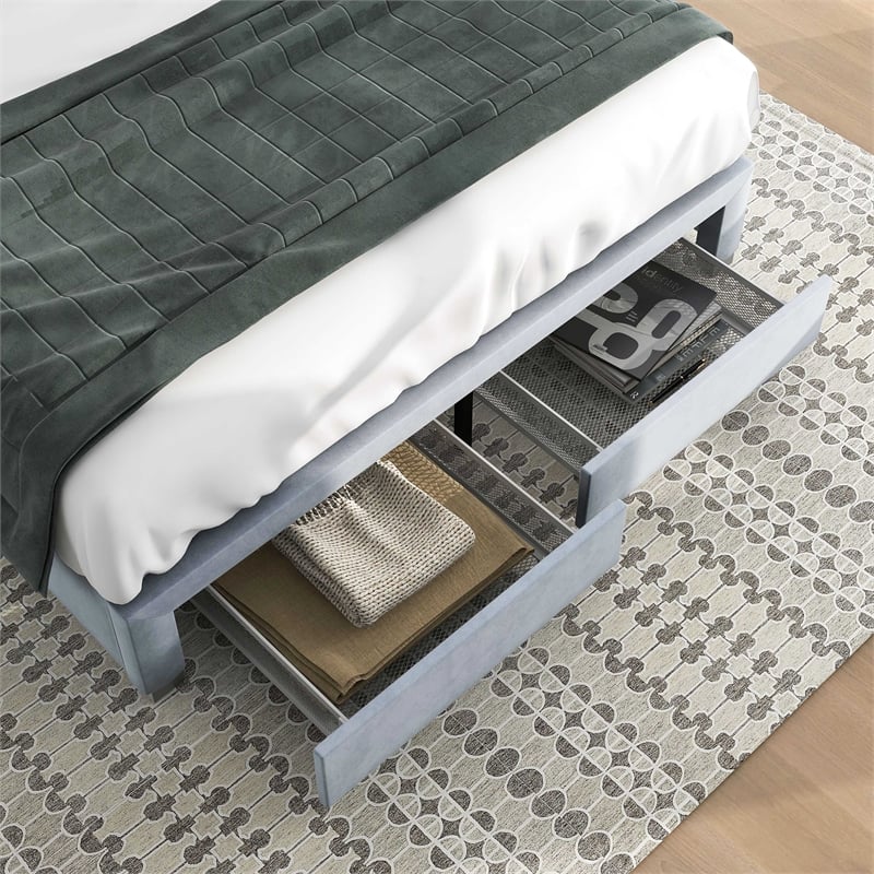 Bowery Hill Fabric Queen Bed with 2 Storage Drawers in Light Gray